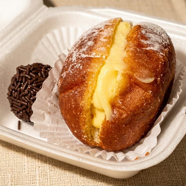 Powdered sugar cream-filled pastry and a chocolate sprinkle truffle in a white takeout container.