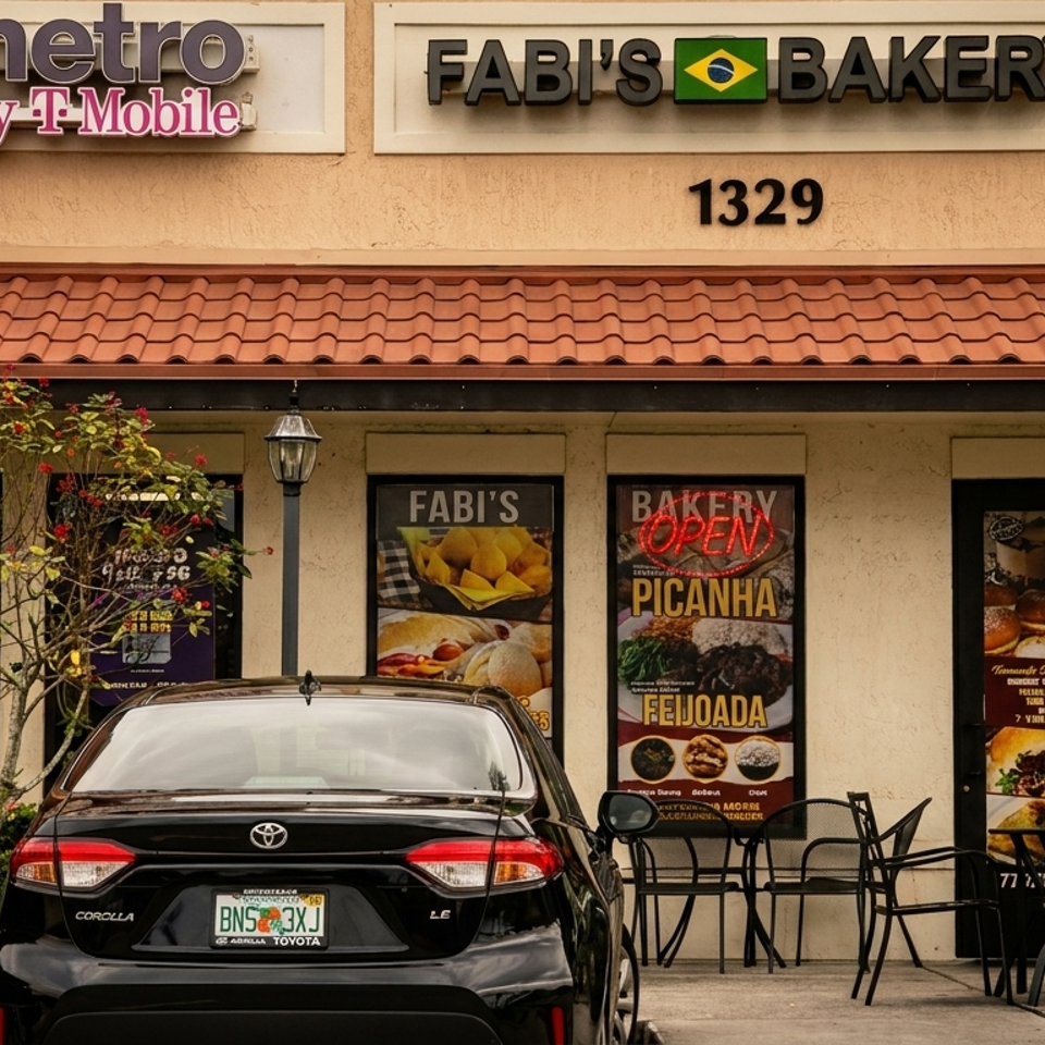Fabi's Bakery storefront with Brazilian food displays, outdoor seating, and a black car.