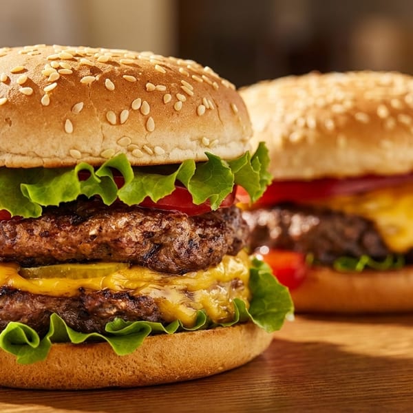 Two cheeseburgers on a wooden table, a double patty burger with lettuce and tomato in front.