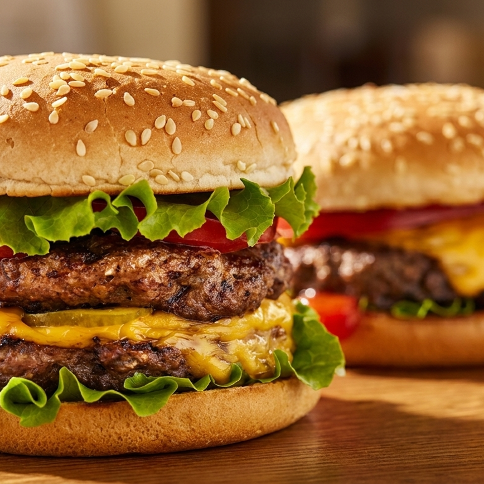 Two cheeseburgers on a wooden table, a double patty burger with lettuce and tomato in front.