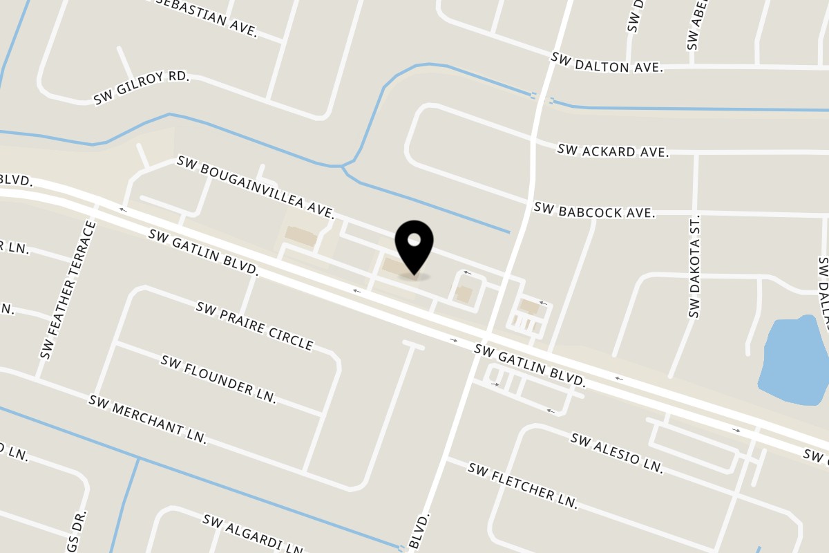 Map showing the location of Fabi's Brazilian Bakery and Restaurant on 1329 SW Gatlin Blvd in Port St. Lucie